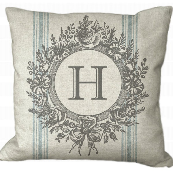 Floral Frame Custom Monogram on Blue Double Grainsack in Choice of 14x14 16x16 18x18 20x20 22x22 24x24 26x26 inch Pillow Cover