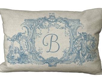 Printed Red or Blue Oblong Toile Frame Monogram Custom in choice of 16x12 18x12 20x12 20x13 22x12 22x15 24x16 Pillow Cover