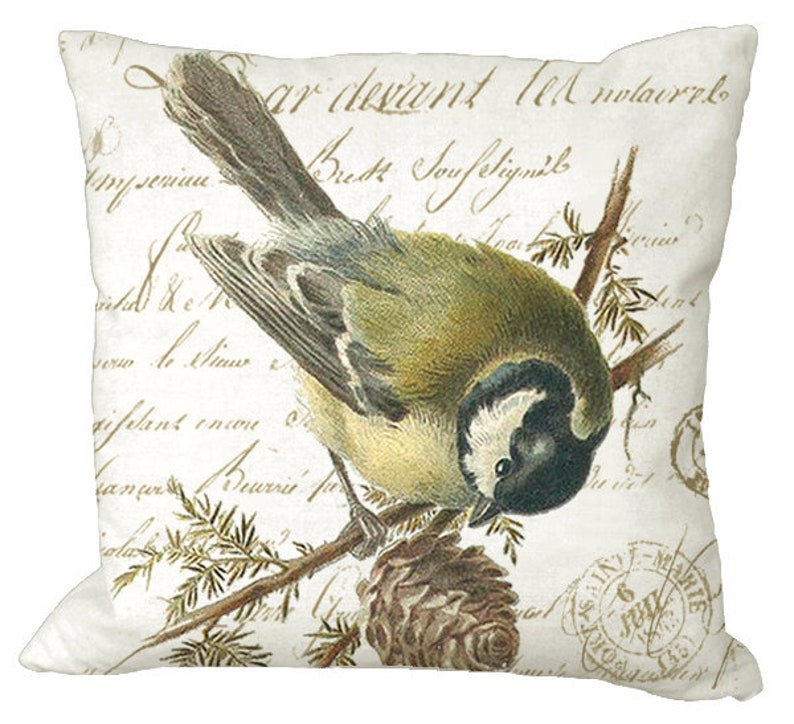 Bird & Pinecone on French Letter in Choice of 14x14 16x16 18x18 20x20 22x22 24x24 26x26 18x12 20x13 24x16 inch Pillow Cover White Cotton