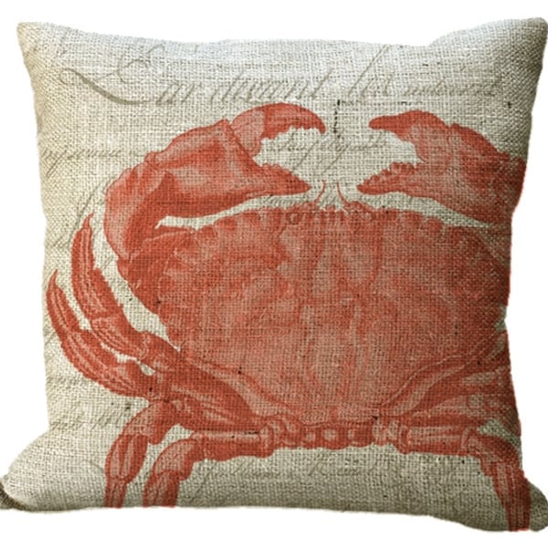 Burlap Crab in Natural or Sea Green or Aqua or Blue or Red Choice of 14x14 16x16 18x18 20x20 22x22 24x24 26x26 inch Pillow Cover