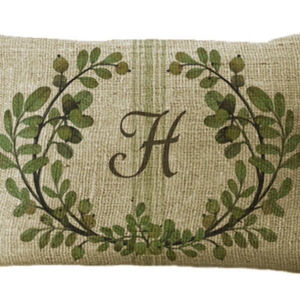 Green Leaf and Berry Wreath Monogram with Grain Sack Stripe in Choice of 16x12 18x12 20x13 22x12 22x15 24x16 Inch Pillow Cover