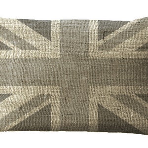 Burlap Gray Union Jack Lumbar Oblong or Square Choice 16x12 18x12 20x12 22x15 24x16 16x16 18x18 20x20 22x22 24x24 26x26 Inch Pillow Cover