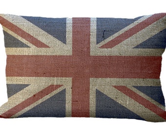 Burlap Union Jack Lumbar Oblong or Square Choice of 16x12 18x12 20x12 22x15 24x16 16x16 18x18 20x20 22x22 24x24 26x26 Inch Pillow Cover