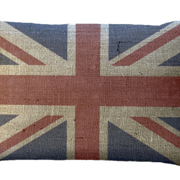 Burlap Union Jack Lumbar Oblong or Square Choice of 16x12 18x12 20x12 22x15 24x16 16x16 18x18 20x20 22x22 24x24 26x26 Inch Pillow Cover