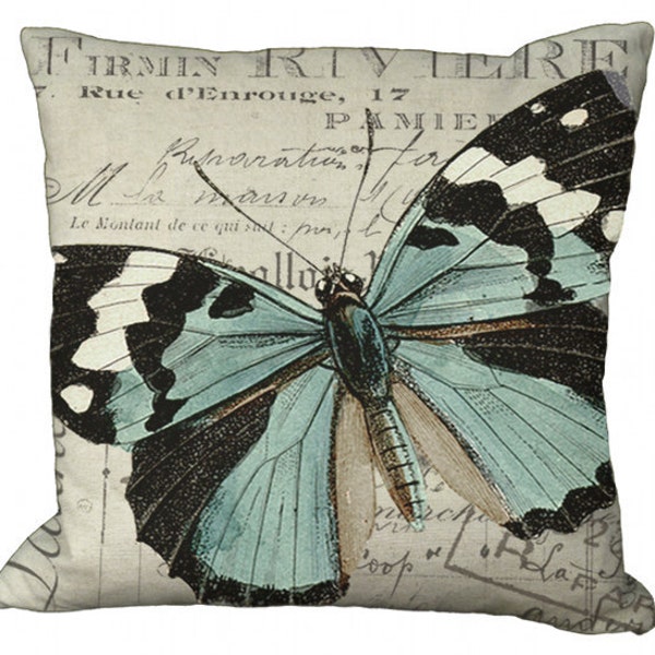 Soft Black White & Aqua Butterfly in Choice of 14x14 16x16 18x18 20x20 22x22 24x24 26x26 18x12 20x13 16x24  inch Pillow Cover