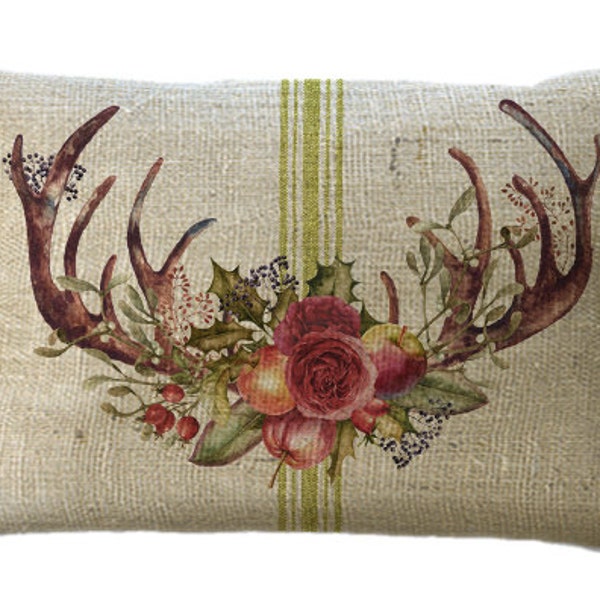 Oblong Fruit and Blossoms on Antlers and Grainsack in Choice of 16x12 18x12 20x12 20x13 22x12 22x15 24x16 Inch Pillow Cover