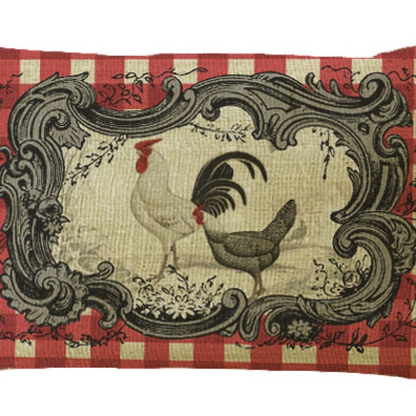 French Country Red Check Chickens Burlap Lumbar Oblong in Choice of 16x12 18x12 20x12 20x13 22x15 24x16 Inch Pillow Cover