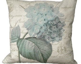 Redouté Faded Blue & Gray Hydrangea with French Letter in Choice of 14x14 16x16 18x18 20x20 22x22 24x24 26x26 inch Pillow Cover