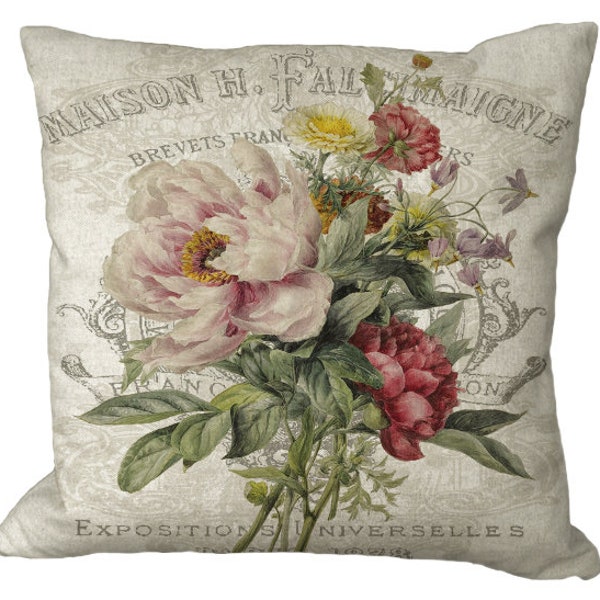 Romantic Peony Bouquet on a French Label in Choice of 14x14 16x16 18x18 20x20 22x22 24x24 26x26 inch Pillow Cover