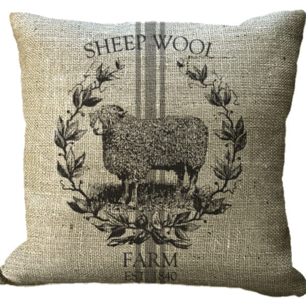 Burlap or Linen Sheep Grainsack in Choice of 14x14 16x16 18x18 20x20 22x22 24x24 26x26 inch Pillow Cover