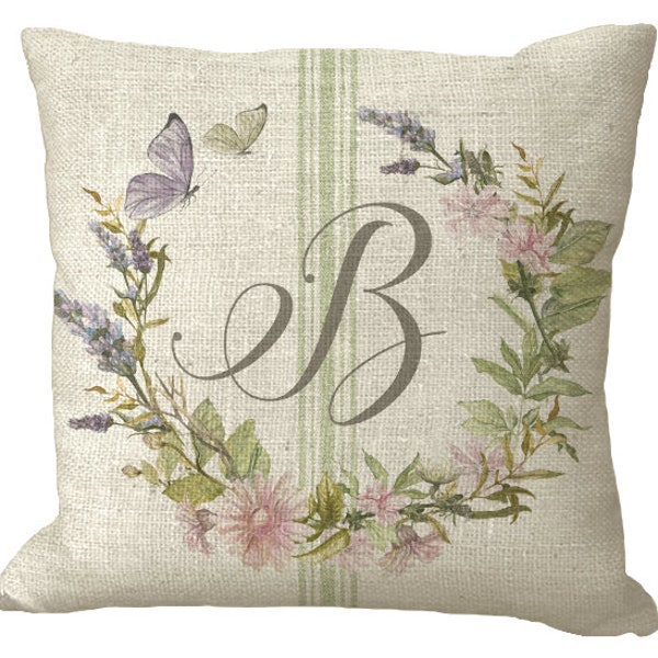 Monogram Spring Blossoms & Butterflies Wreath with Grainsack Stripe in Choice of 14x14 16x16 18x18 20x20 22x22 24x24 26x26 inch Pillow Cover