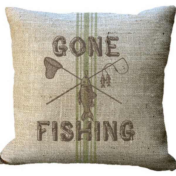Burlap Gone Fishing on Red or Green Grainsack Stripe in Choice of 14x14 16x16 18x18 20x20 22x22 24x24 26x26 inch Pillow Cover