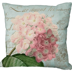 Romantic Pink Hydrangea on Natural or Aqua in Choice of 14x14 16x16 18x18 20x20 22x22 24x24 26x26 inch Pillow Cover