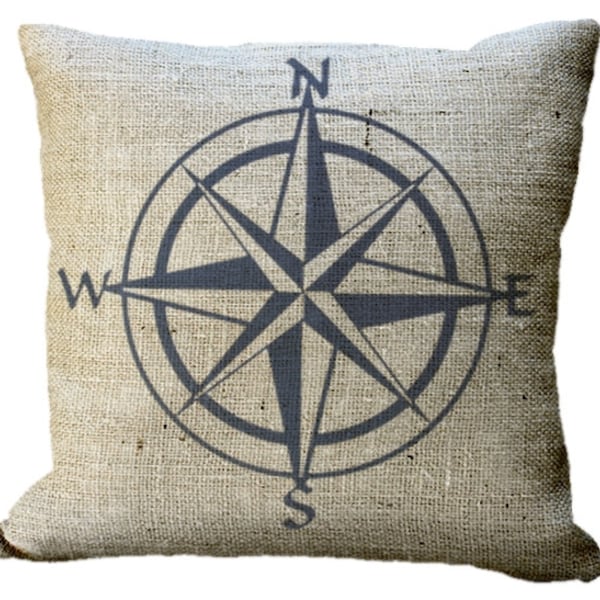 Burlap Navy Red or Black Nautical Compass in choice of 14x14 16x16 18x18 20x20 22x22 24x24 26x26 inch Pillow Cover