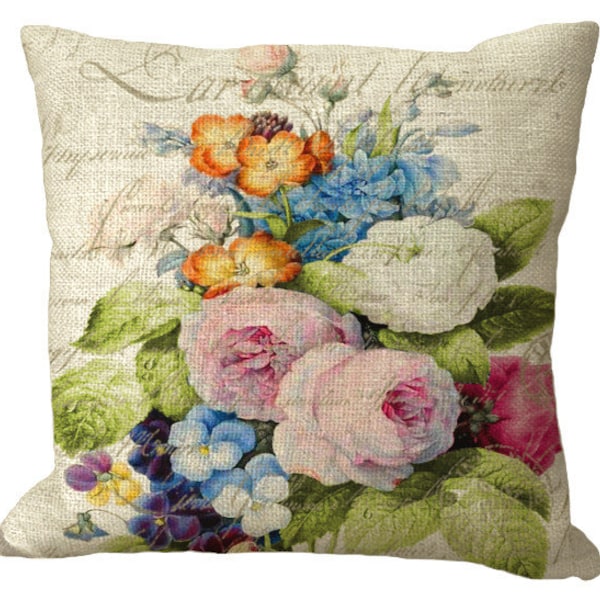Romantic Rose Redouté Multi Color Bouquet with French Letter in Choice of 14x14 16x16 18x18 20x20 22x22 24x24 26x26 inch Pillow Cover