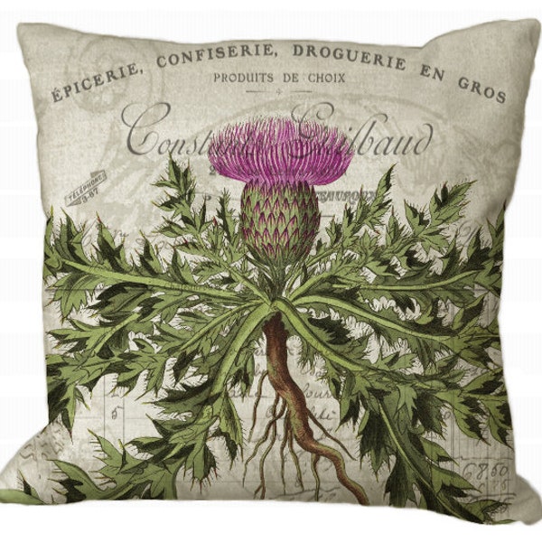 Scottish Thistle on French Invoice in Choice of 14x14 16x16 18x18 20x20 22x22 24x24 26x26 inch Pillow Cover