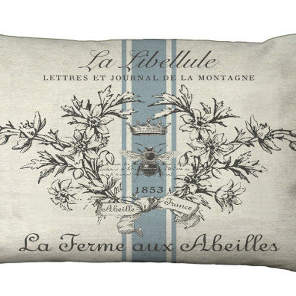 French Crowned Bee Oblong Lumbar Blue or Green or Juniper Stripe Pillow Cover on Burlap 16x12 18x12 20x12 20x13 22x15 24x16