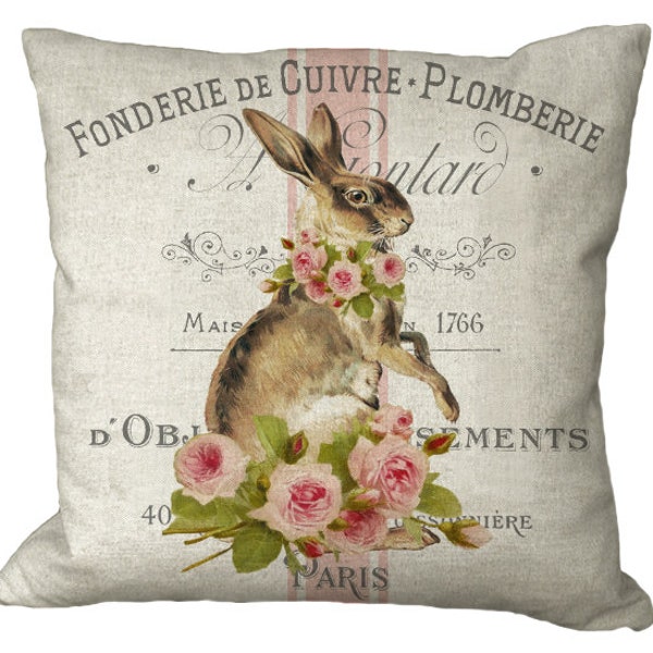 French Rabbit & Pink Roses Grain Sack Pillow Cover in Choice of 14x14 16x16 18x18 20x20 22x22 24x24 26x26 inch