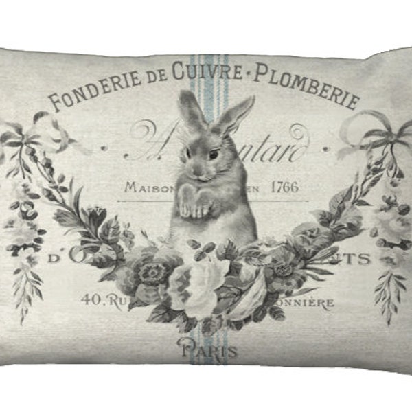 Sweet French Rabbit & Floral Garland Oblong Lumbar Blue Grain Sack Stripe Pillow Cover on Burlap 16x12 18x12 20x12 20x13 22x15 24x16