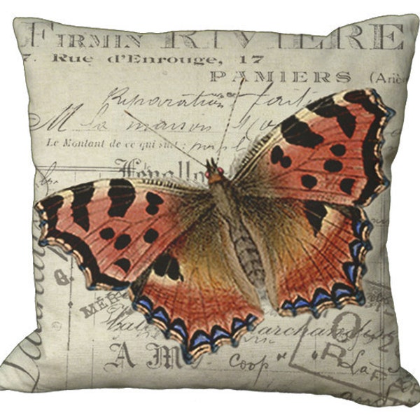 Rust and Blue Butterfly  in Choice of 14x14 16x16 18x18 20x20 22x22 24x24 26x26 inch Pillow Cover