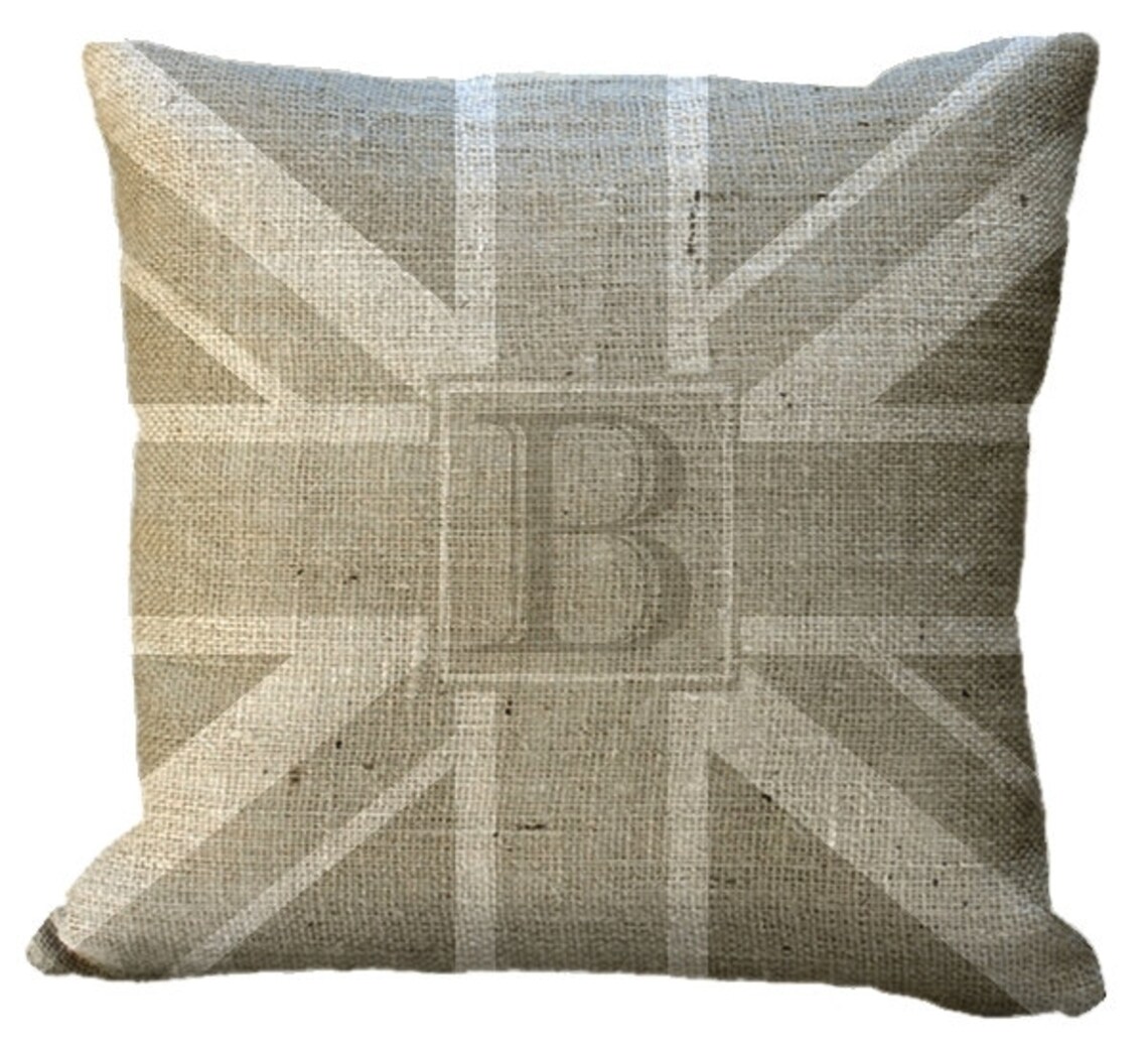 Burlap Custom Monogram Union Jack Natural Pillow Cover in Etsy Australia
