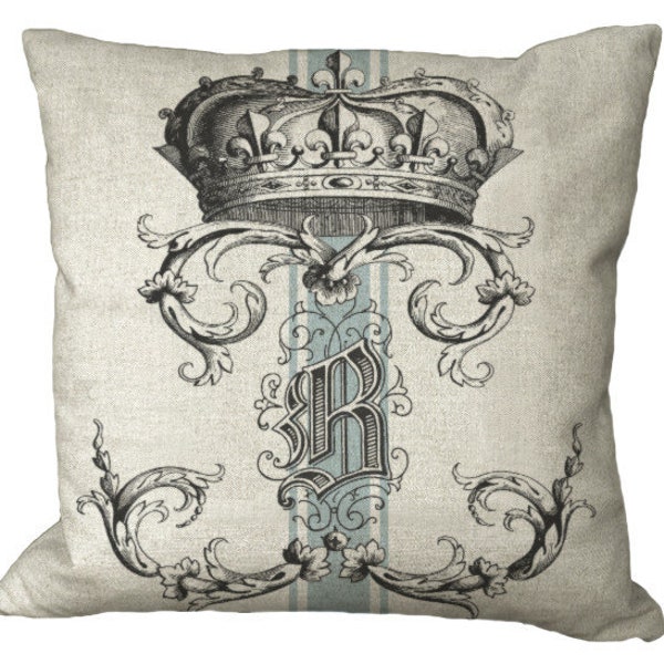 Crowned Old English Monogram with Blue Grain Sack Stripe in Choice of 14x14 16x16 18x18 20x20 22x22 24x24 Inch Pillow Cover