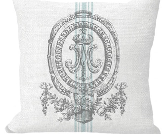 Marie Antoinette Crowned Monogram Aqua Grain Sack  24x24 Cream Burlap