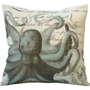 Aqua Octopus on French Document Square 20x20 or 18x18 or 16x16 or 14x14 or Oblong 24x16 or 20x13 or 18x12 16x12 Inch Pillow Cover