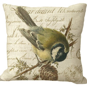 Bird & Pinecone on French Letter in Choice of 14x14 16x16 18x18 20x20 22x22 24x24 26x26 18x12 20x13 24x16 inch Pillow Cover Cream Burlap