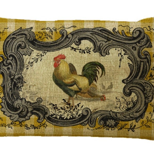 French Country Yellow Check Chickens Rooster Burlap Lumbar Oblong in Choice of 16x12 18x12 20x12 20x13 22x15 24x16 Inch Pillow Cover