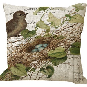 Bird on Nest with Green Vines on French Invoice in Choice of 14x14 16x16 18x18 20x20 22x22 24x24 26x26 inch Pillow Cover