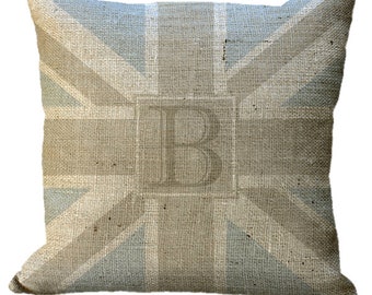 Burlap Custom Monogram Union Jack Blue & Natural Pillow Cover in Choice of 14x14 16x16 18x18 20x20 22x22 24x24 26x26 18x12 20x13 24x16 inch