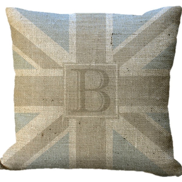 Burlap Custom Monogram Union Jack Blue & Natural Pillow Cover in Choice of 14x14 16x16 18x18 20x20 22x22 24x24 26x26 18x12 20x13 24x16 inch