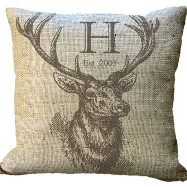 Elk Head with Antlers Custom Monogram on Burlap in Choice of 14x14 16x16 18x18 20x20 22x22 24x24 26x26 inch Pillow Cover