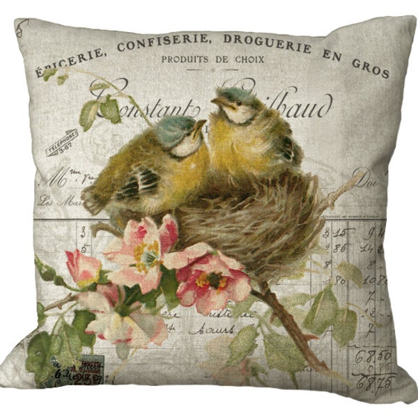 Young Birds on Nest with Pink Blossoms on French Invoice in Choice of 14x14 16x16 18x18 20x20 22x22 24x24 26x26 inch Pillow Cover
