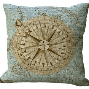 Natural Nautical Compass on Map on Blue in Burlap or Cotton Canvas in Choice of 14x14 16x16 18x18 20x20 22x22 24x24 26x26 inch Pillow Cover