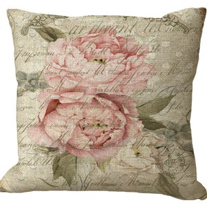 Pink and  Cream Peonies with French Letter in Choice of 14x14 16x16 18x18 20x20 22x22 24x24 26x26 inch Pillow Cover