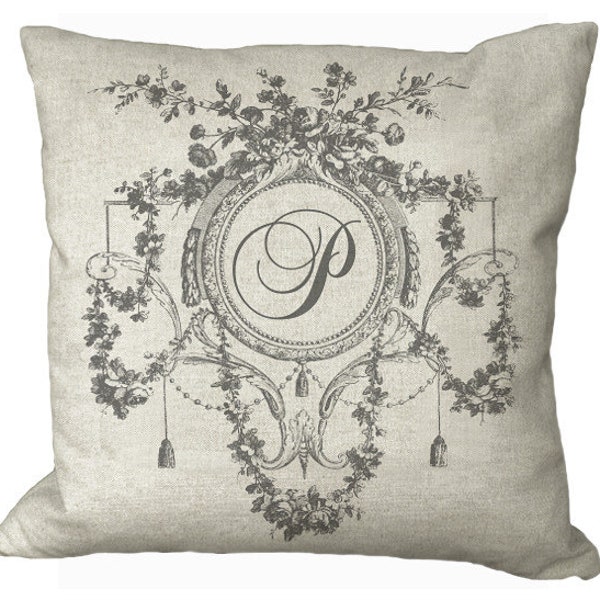 Fancy French Floral Toile Framed Custom Monogram in Choice of 14x14 16x16 18x18 20x20 22x22 24x24 26x26 inch Pillow Cover