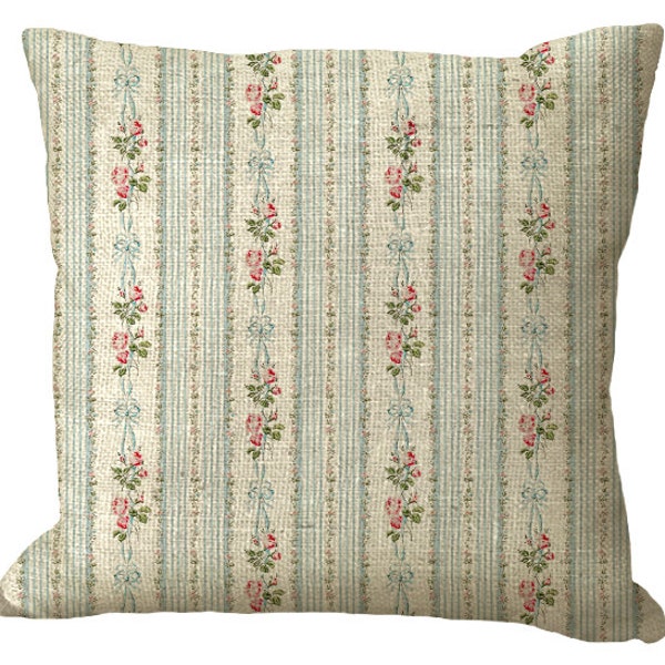 Chic & Shabby Pink Rose Ribbon Floral Ticking Stripe in 18x12 20x12 20x13 24x16 14x14 16x16 18x18 20x20 22x22 24x24 26x26 inch Pillow Cover