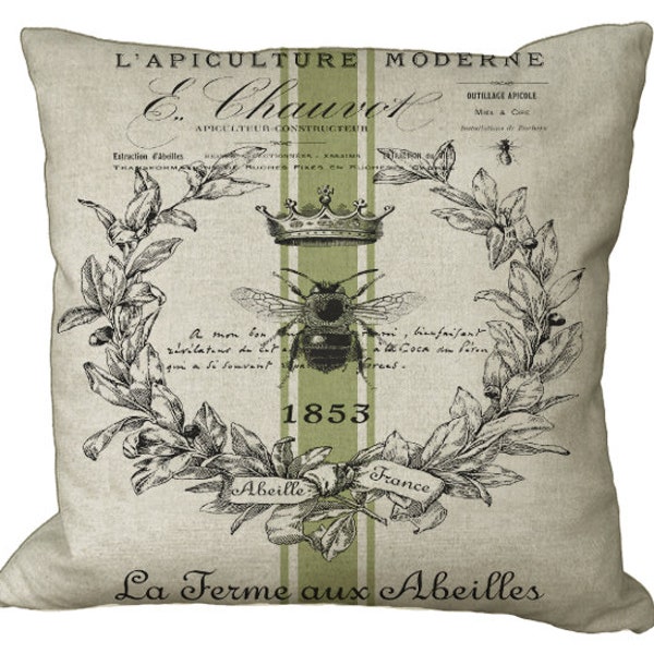 French Crowned Bee Grain Green Sack Stripe in Choice of 14x14 16x16 18x18 20x20 22x22 24x24 26x26 18x12 20x12 22x15 24x16 inch Pillow Cover