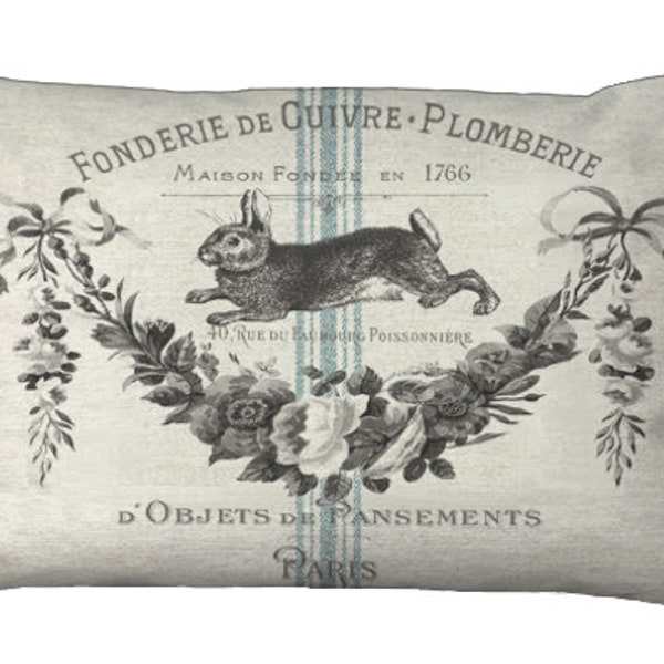 French Floral Garland Rabbit Oblong Lumbar Blue Grain Sack Stripe Pillow Cover on Burlap 16x12 18x12 20x12 20x13 22x15 24x16