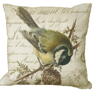 Bird & Pinecone on French Letter in Choice of 14x14 16x16 18x18 20x20 22x22 24x24 26x26 18x12 20x13 24x16 inch Pillow Cover Natural Cotton