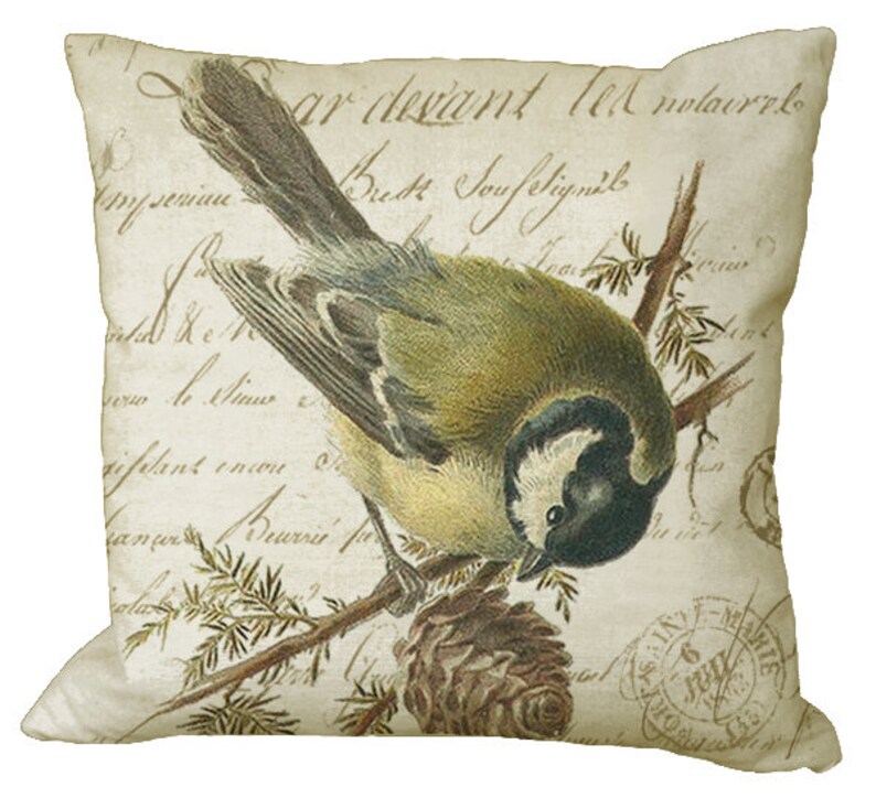 Bird & Pinecone on French Letter in Choice of 14x14 16x16 18x18 20x20 22x22 24x24 26x26 18x12 20x13 24x16 inch Pillow Cover Natural Cotton