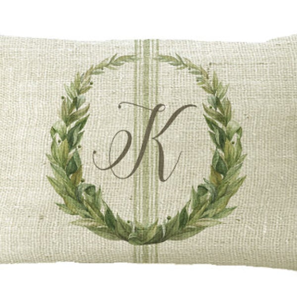 Oblong Monogram Custom Laurel Wreath with Grain Sack Stripe in Choice of 16x12 18x12 20x12 20x13 22x12 22x15 24x16 Inch Pillow Cover