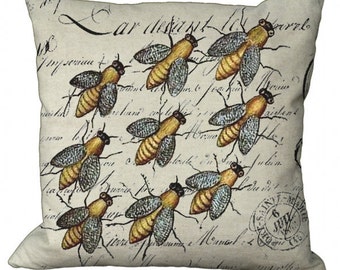 Bees on French Script in Choice of 14x14 16x16 18x18 20x20 22x22 24x24 26x26 inch Pillow Cover