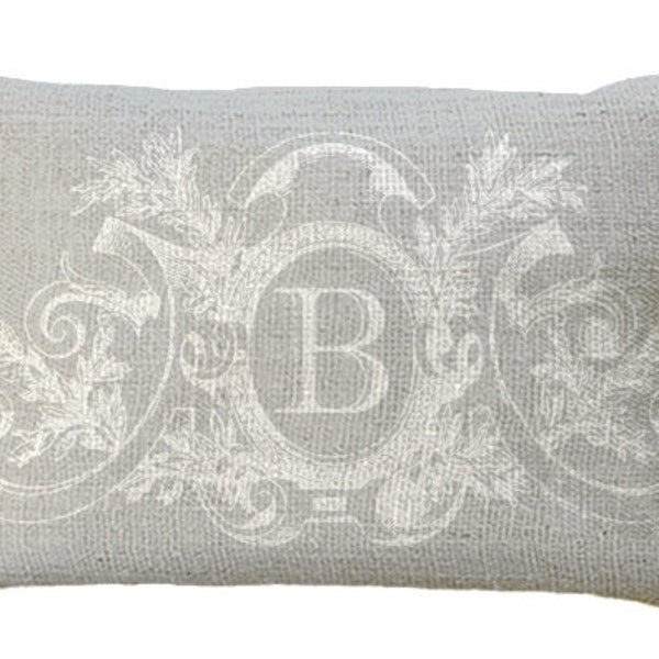 Soft Gray Neutral Fancy Frame Custom Monogram on Off-White Burlap Lumbar Oblong or square in choice of 18x12 20x13 24x16 Pillow Cover