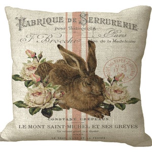 French Rabbit and Roses on Grain Sack Pillow Cover in Choice of 14x14 16x16 18x18 20x20 22x22 24x24 26x26 inch