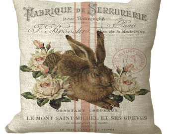 French Rabbit and Roses on Grain Sack Pillow Cover in Choice of 14x14 16x16 18x18 20x20 22x22 24x24 26x26 inch