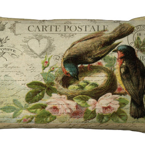 Lumbar Pair of Birds Victorian with Roses Postcard Oblong in Choice of 24x16 22x15 20x13 20x12 18x12 16x12 Inch Pillow Cover