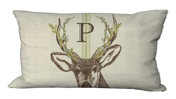Grainsack Shabby and Chic Deer Pussy Deer ANTLERS Pillow Lumbar Burlap or